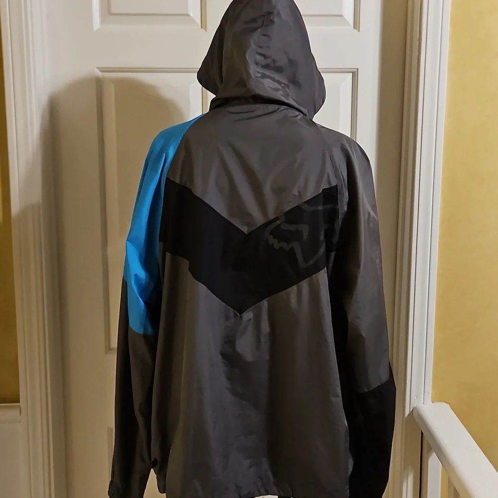 FOX RACING Men's Gray and Blue Windbreaker Jacket Coat w/ Hood -